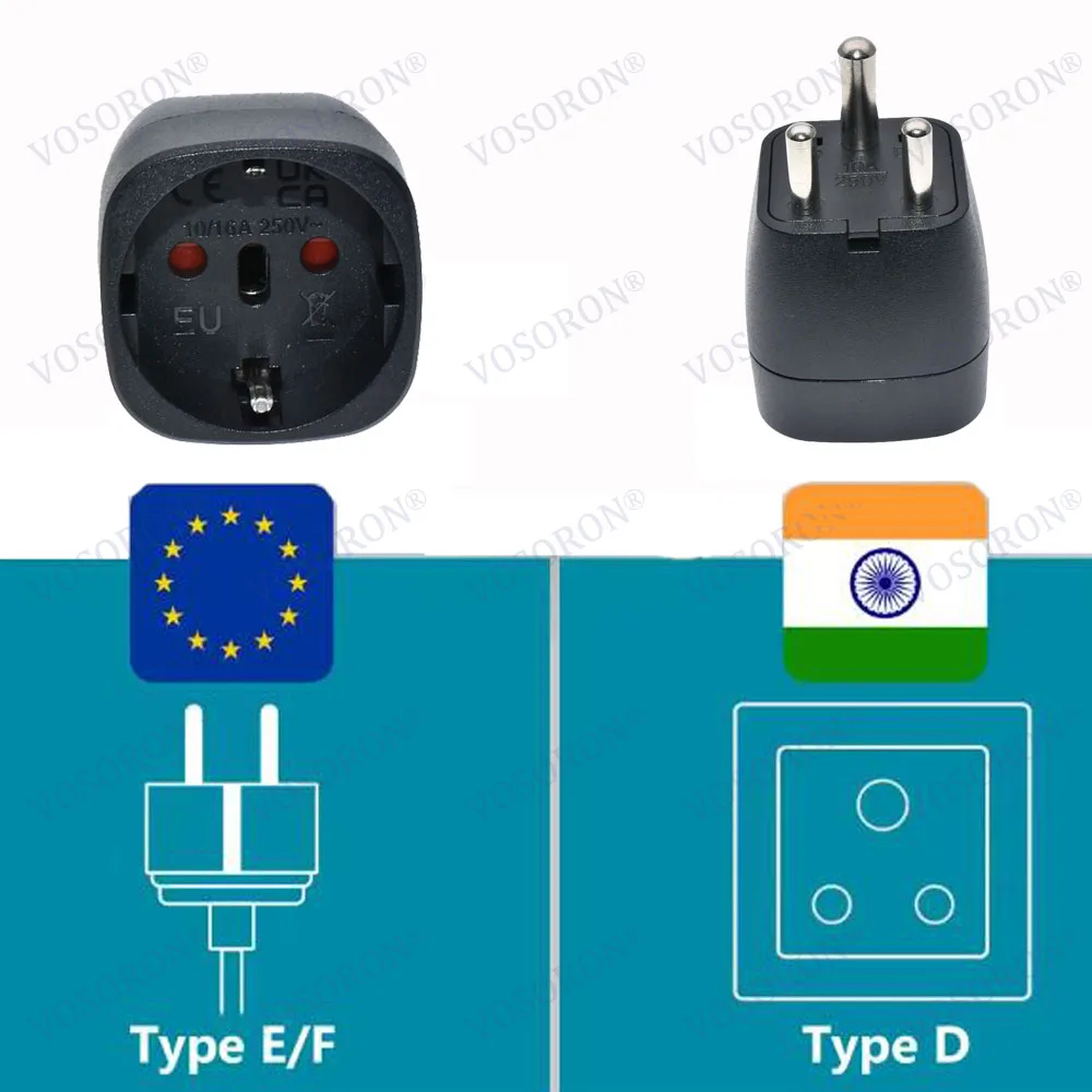 EU to India Travel Plug Adapter Universal Power Converter 3-Pin Round AC Adapter Plug D Type for Sri Lanka, Nepal, Congo