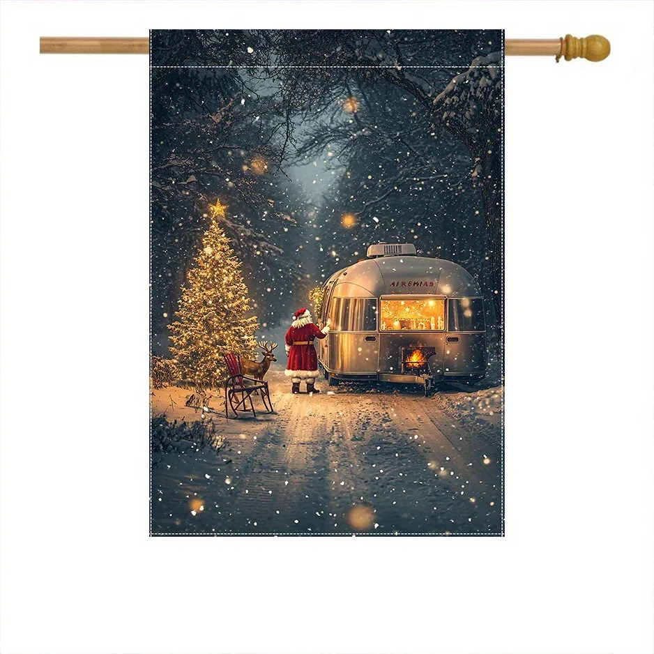 Santa Claus Reindeer Camper Van Decorative Garden Flag 12x18in ouble-Sided Polyester Outdoor Banner, Lawn Yard Decoration