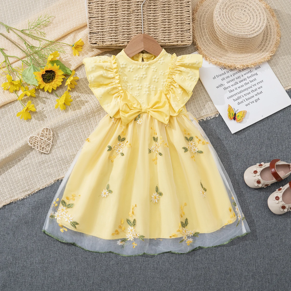 Girls' Embroidered Mesh Dress with Ruffle Bow, Leaf Print Design, Summer Casual Style, Knee Length, Perfect for Parties or Gift