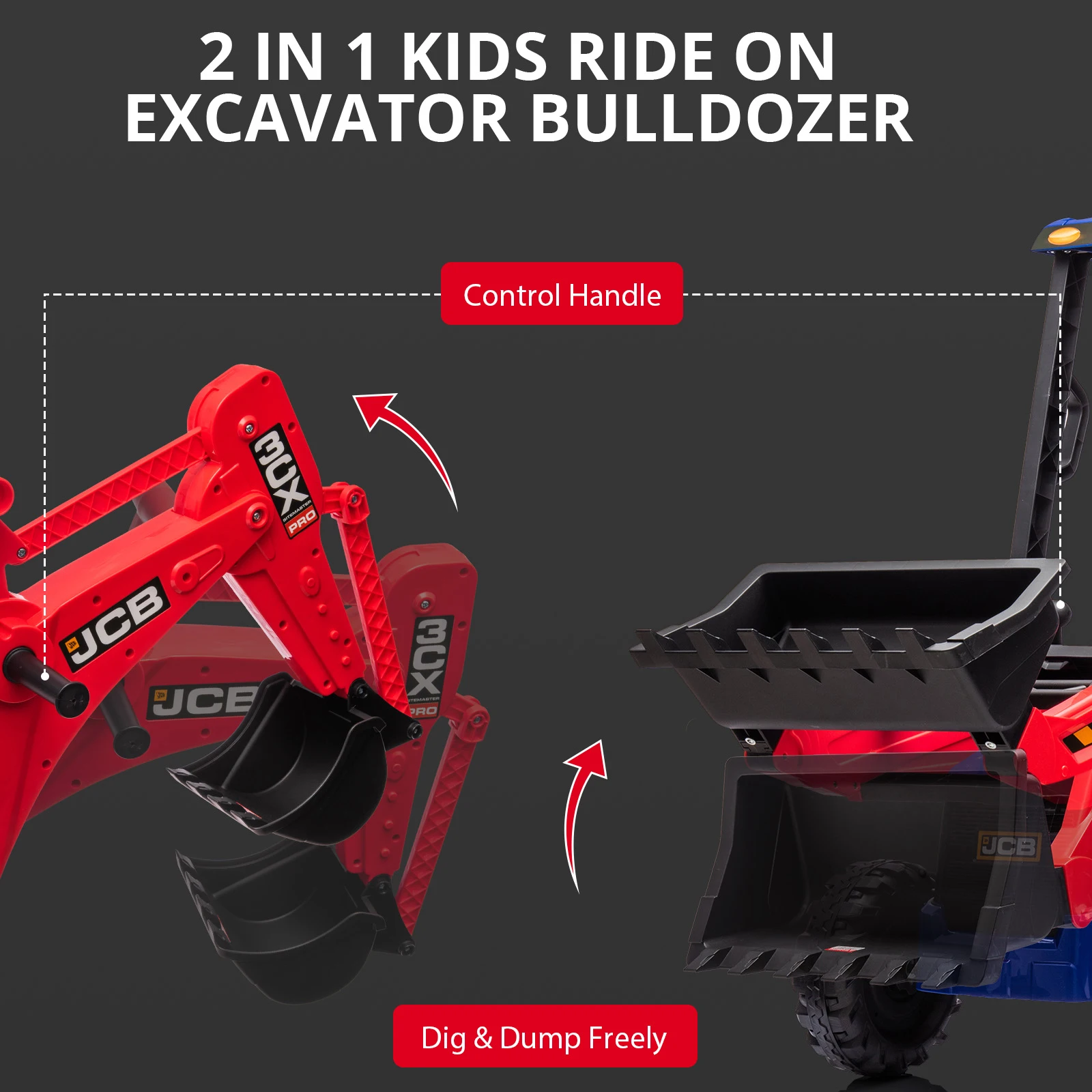 4 in 1 Ride on Excavator & Bulldozer, 12V Kids Electric Vehicle with Remote Control, Front Loader, Excavator Ride on Car, RED