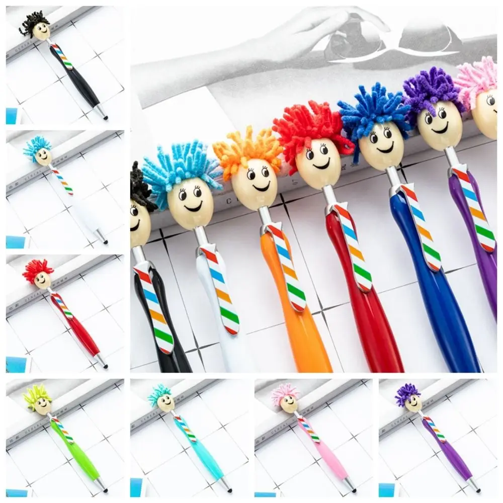 

Plush Hair Mop Head Painting Ballpoint Pens Facial Expression Cartoon Doll Shaped Ballpoint Pens Smiling Face Colorful