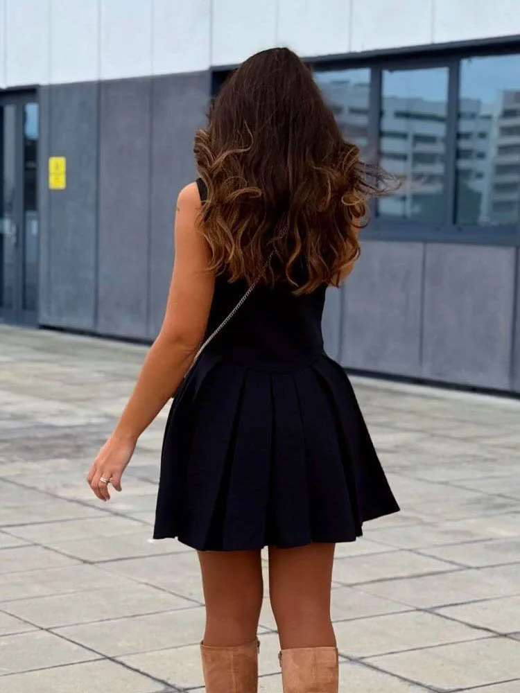 HH Women Mini Dress Sexy V-Neck Sleeveless Pleated Dress Female Summer Fashion Zipper Short Dress Slim Party Dress Mujer