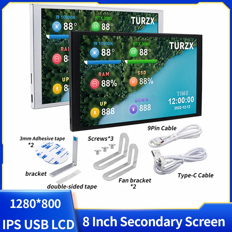 

8-дюймовый дополнительный экран TURZX 1280*800 IPS USB ЖК-дисплей CPU GPU RAM Компьютерный монитор Расширенный настольный компьютер для Windows 10 11