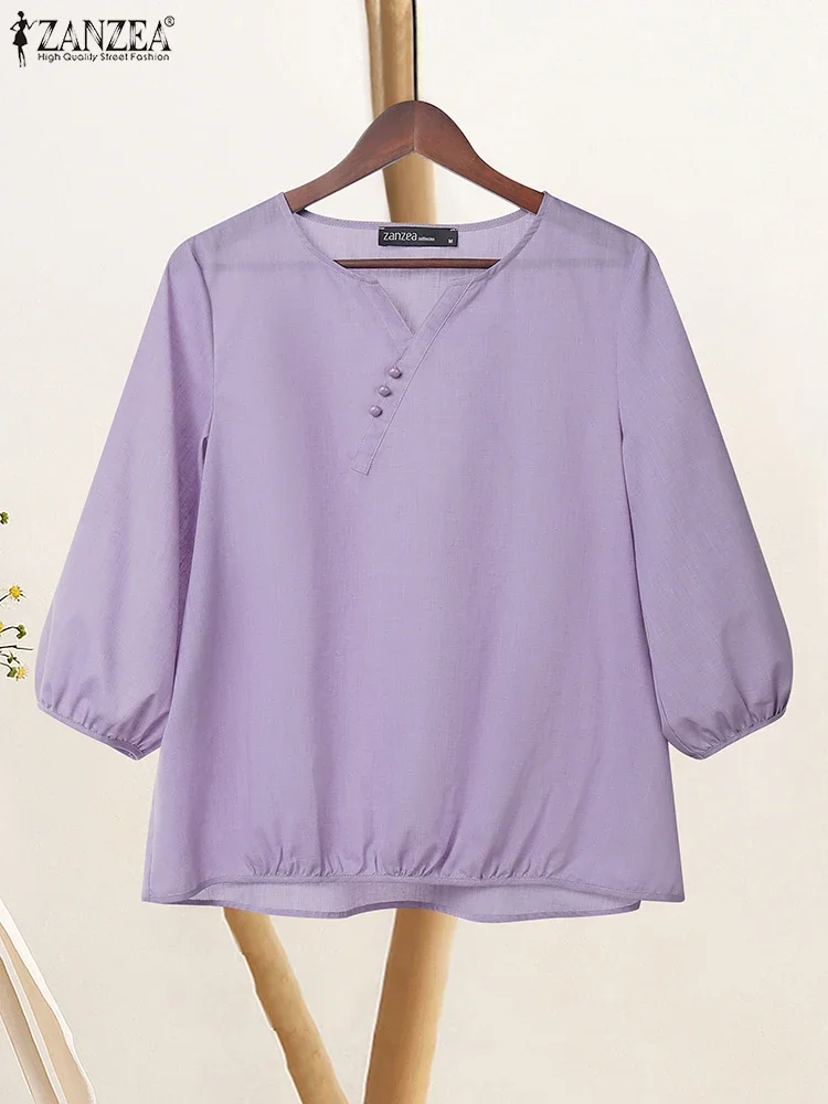 

ZANZEA Vintage Women Blouse 2025 Autumn Summer Shirt Casual V Neck 3/4 Sleeve Blusas Female OL Work Tops Loose Chemise Oversize
