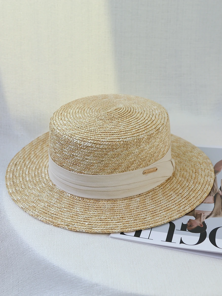 オリジナルファインストローハット女性用夏の日焼け防止ファッショナブルな帽子フラットトップサンキャップカジュアルスタイル若者旅行に最適