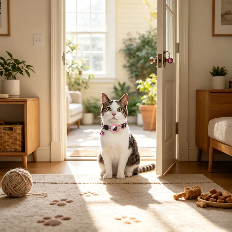 Reflective Cat Collar with Round Tracker Holder Bell Adjustable Neck Strap for Cats Small Dogs Outdoor Daily Use 고양이 목걸이