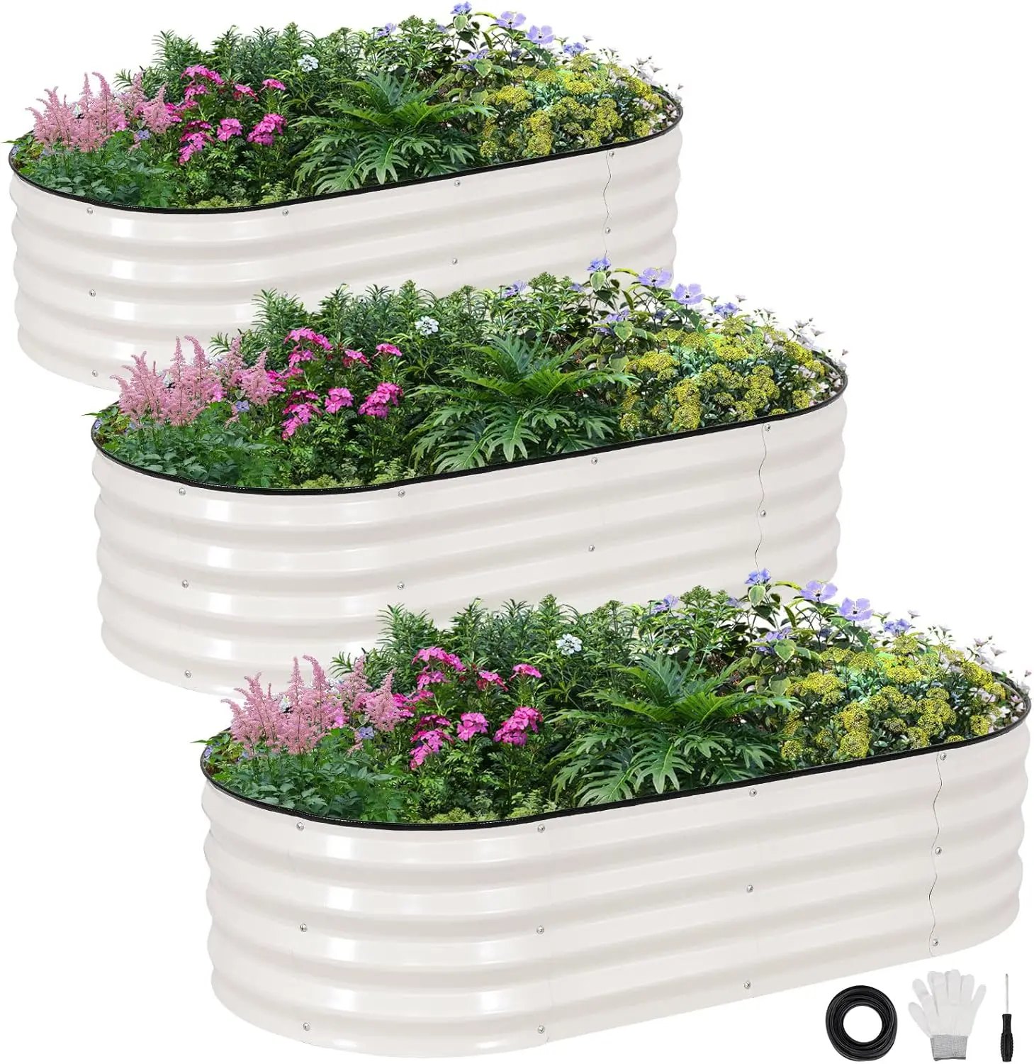 Outdoor Galvanized White Oval Raised Garden Bed, 3Pcs, Rust-Resistant & Easy Assembly for Gardening