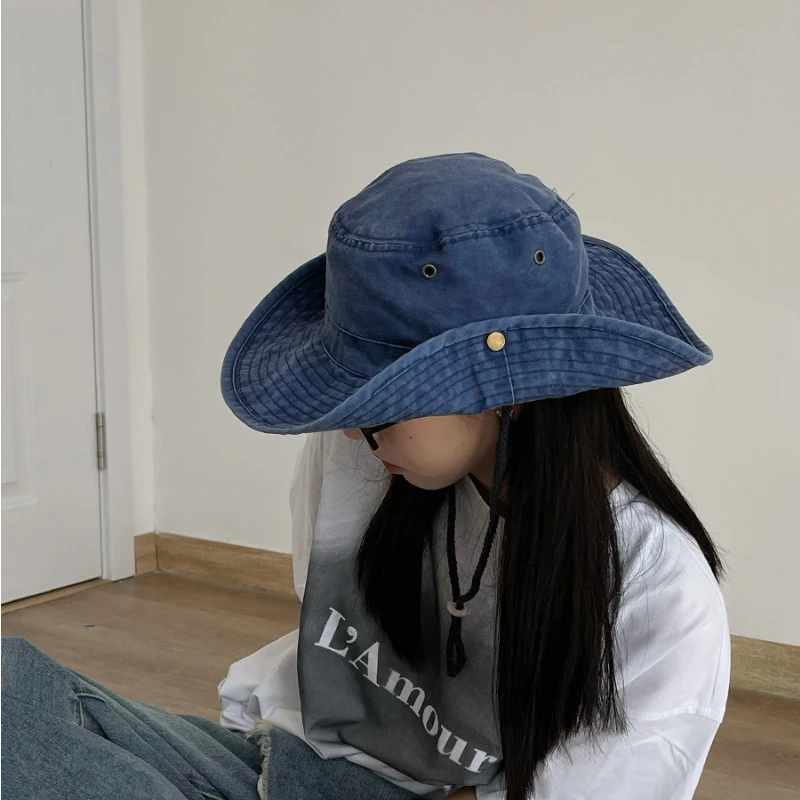 Simple Bucket Hat Women Summer Breathable Retro Washed Denim  Bucket Hat Panama Jungle Fishing Hats Novelty Men Beach Cap