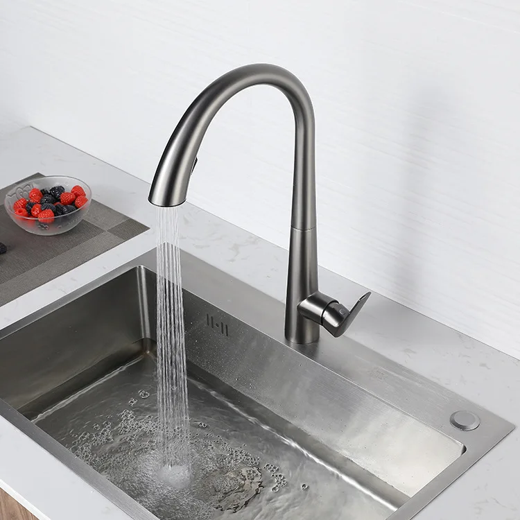 304 Stainless Steel Kitchen Pull-out Faucet Gun Gray Household Sink Vegetable Basin Hot and Cold Water Faucet Source Factory