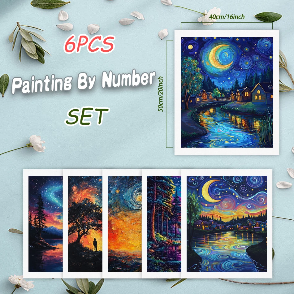 6pcs Painting By Numbers Night Starry Sky HandPainted Art For Living Room Picture Drawing Coloring Art Supplies By Number Kits