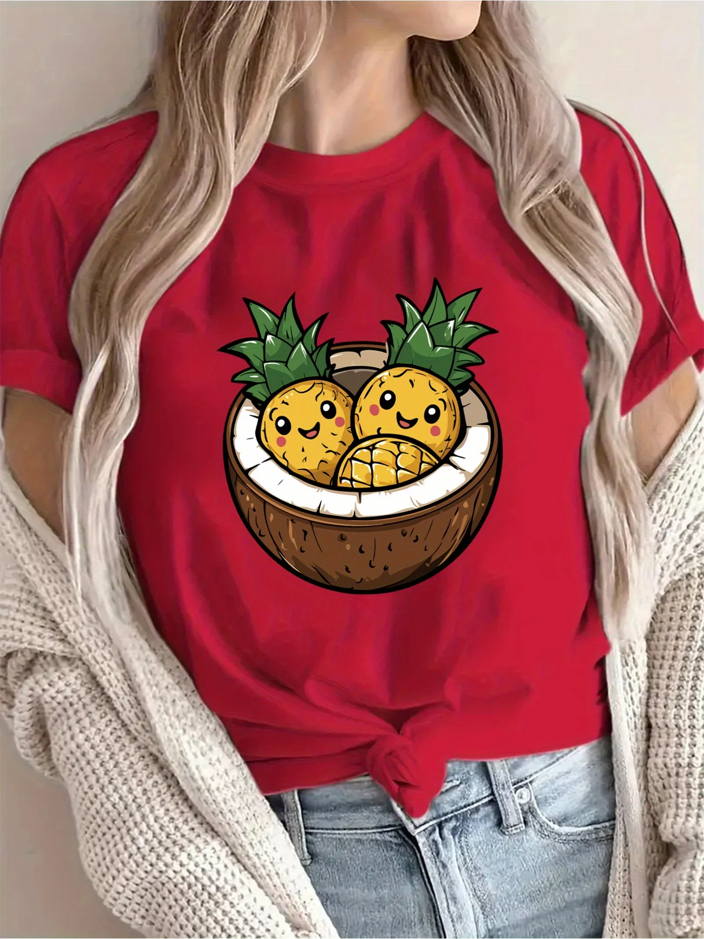 Camiseta con estampado de dibujos animados de piña y coco para mujer, pantalón corto informal de manga corta con cuello redondo, ropa de calle Harajuku de manga corta para verano