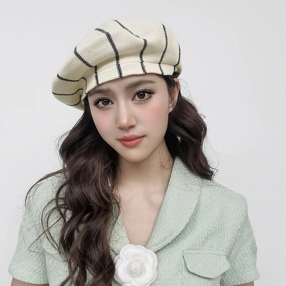Women Stripe Berets For Autumn Winter White French Artist Hat Vintage Girls Painter Hats Beret Femme Female Warm Cap