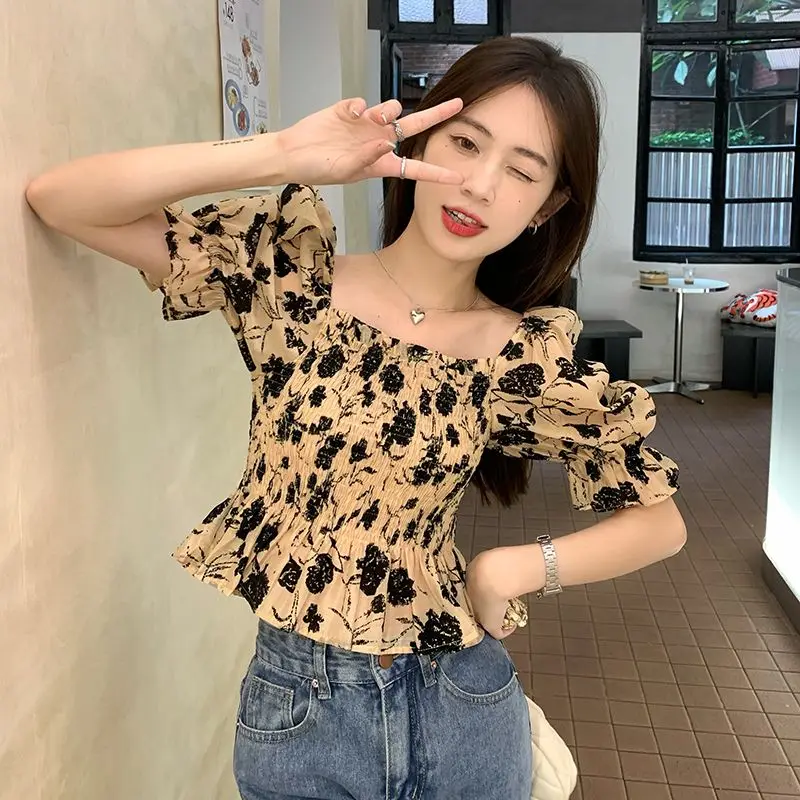 2024 New Fashion Square Collar Folds Puff Sleeve Sweet Floral T-Shirt Summer Female Clothing Loose Casual Tops Korean Tee Shir