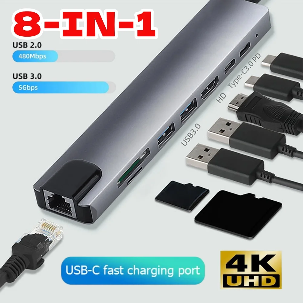 

USB C Hub 8 In 1 Type C 3.1 To 4K Adapter with RJ45 SD/TF Card Reader PD Fast Charge for MacBook Notebook Laptop Computer