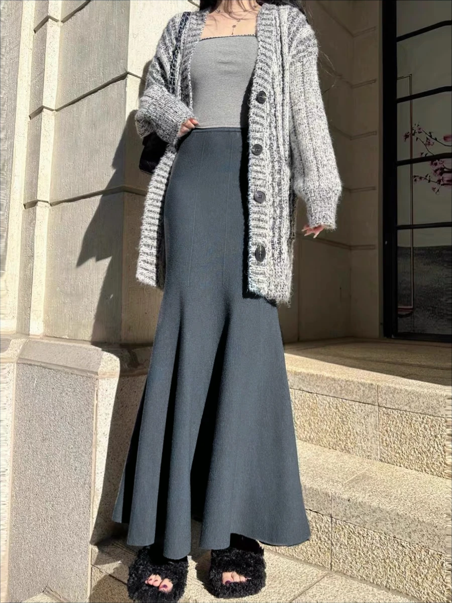 

ay Knitted Fi Tail Skirt Women's Versatile High Waist Slim Fit Bodycon Skirt Casual High Elastici Spring Autumn