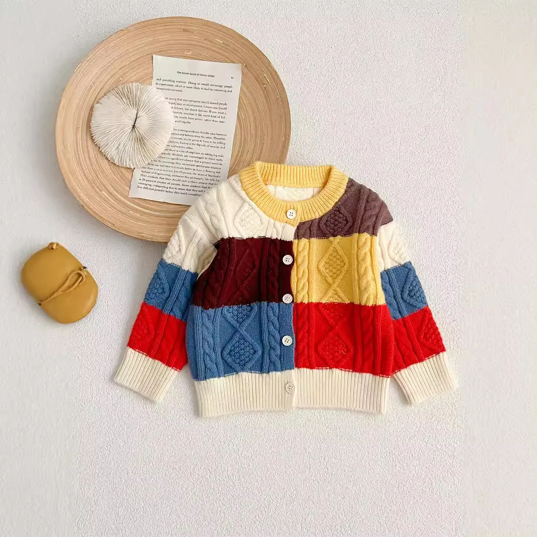 

Autumn New Children's Personalized Contrasting Color Knitted Cardigan Boys and Girls Knitted Jacket Children's Retro Sweater