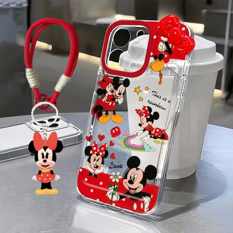 Full Screen Disney Mickey Minnie Mouse Red Bow Strap Phone Case For iPhone 16 15 14 13 12 11 PRO MAX XSMAX XR 7 8 Plus Y2K Cover