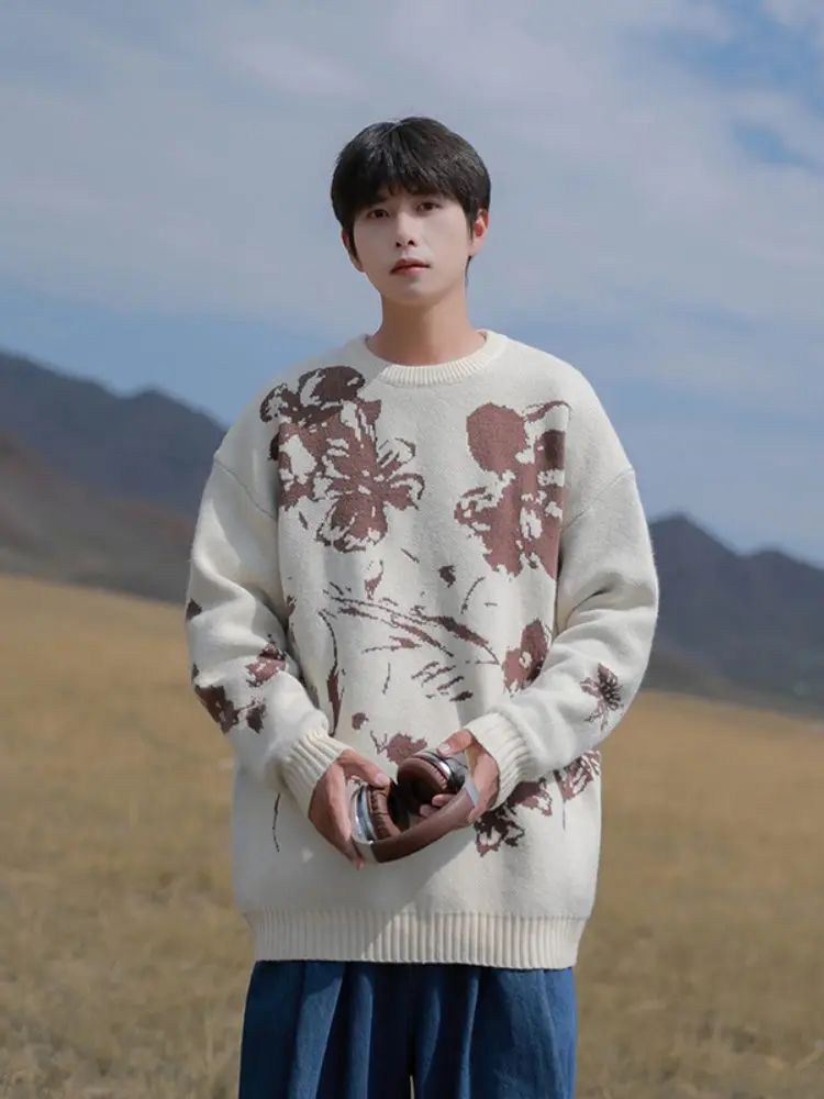 

American Retro Print round Ne Knitwear Men's Autumn Winter Loose Teenager Casual Sle Soft Comfortable Plant Floral Sweater