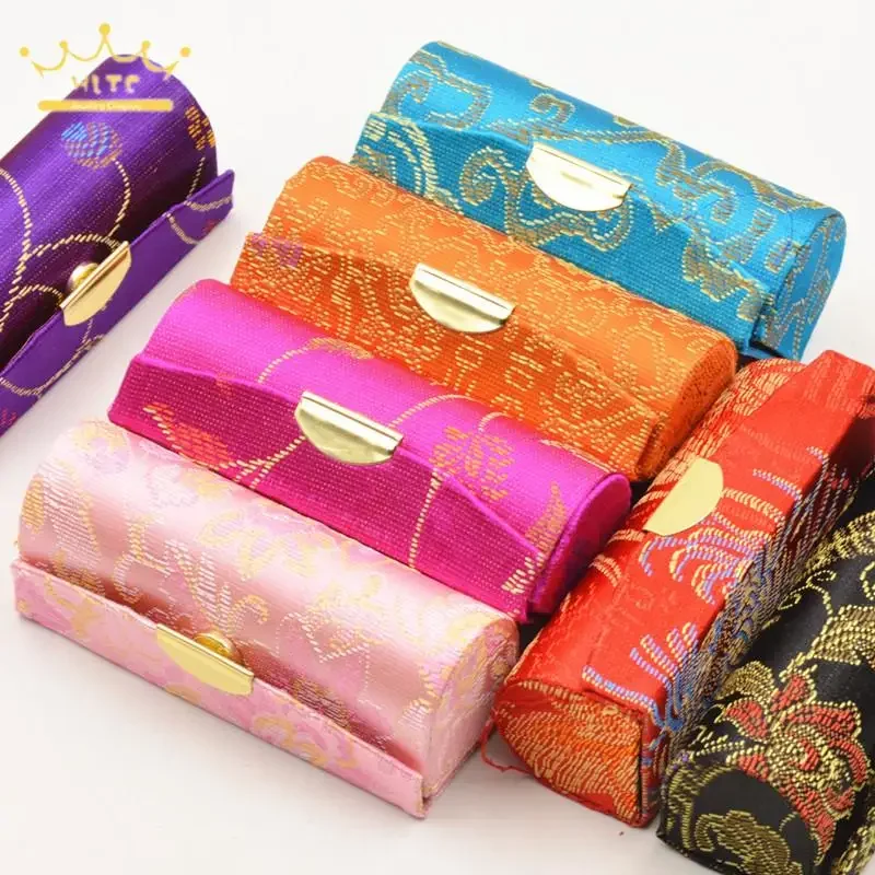 1Pcs Random Color Lipstick Carry Case Classical Style Traditional Embroidery Container Jewelry Box Lipstick Storage Holder