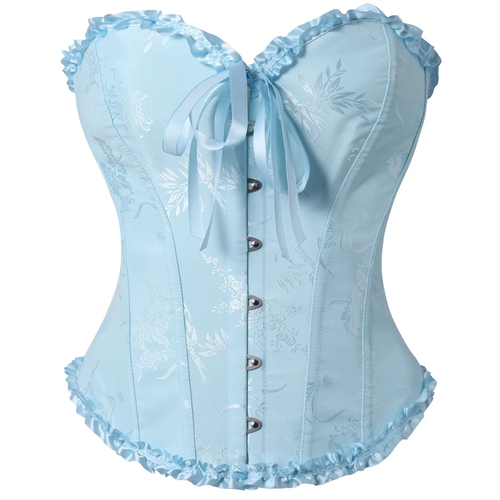 Women Vintage Jacquard Corset Top Sweetheart Strapless Ruffle Front Busk Back Lace Up 20 Colors Holiday Party Evening Wear