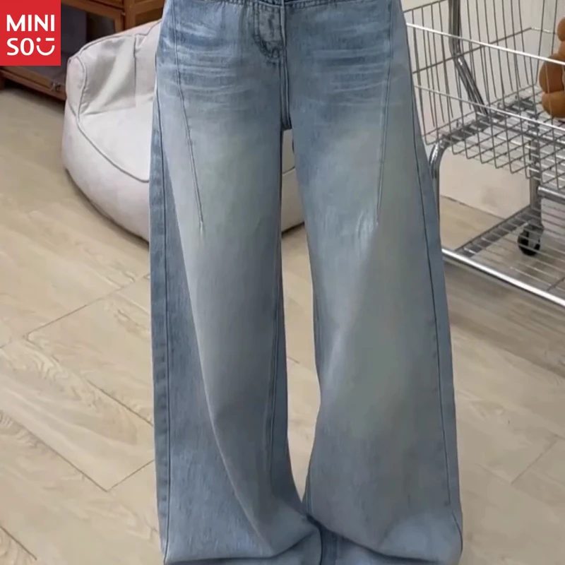 Celana Jeans Miniso Ukuran Besar Vintage Washed, Model Distressed Wide Leg 2025, Denim Gaya Jalanan Amerika