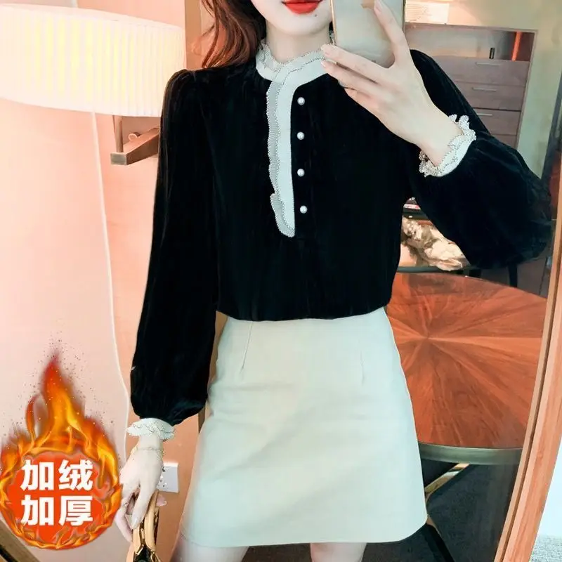 Thickened Gold Velvet Top for Women's New Fashion Stand Up Collar with Lace Inside Black Shirt as the Base