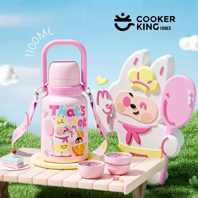 

COOKER KING 1100ml Thermos Cup with Straw＆Strap Stainless Steel Insulated Cup with Tea Strainer Students Thermal Mug for Travel