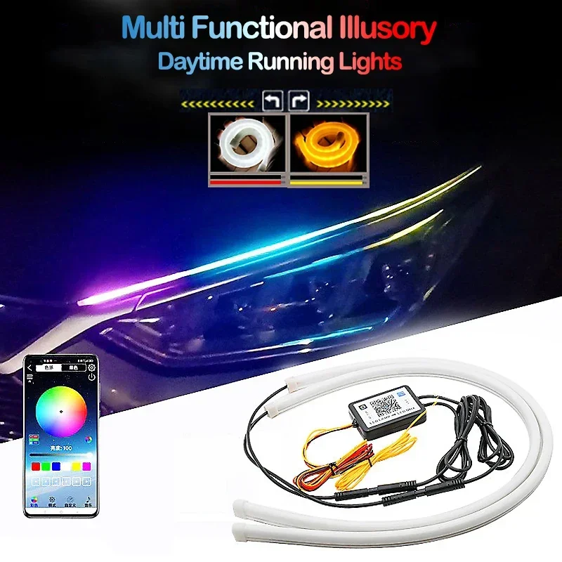 Universal Car LED Daytime Running Light Lights Strip APP Control Flexible RGB Symphony Flowing Turn Signal Headlight Lamp Strips