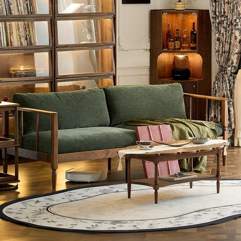 

Straight row small apartment black walnut cat scratch three or four people sofa full solid wood living room cloth