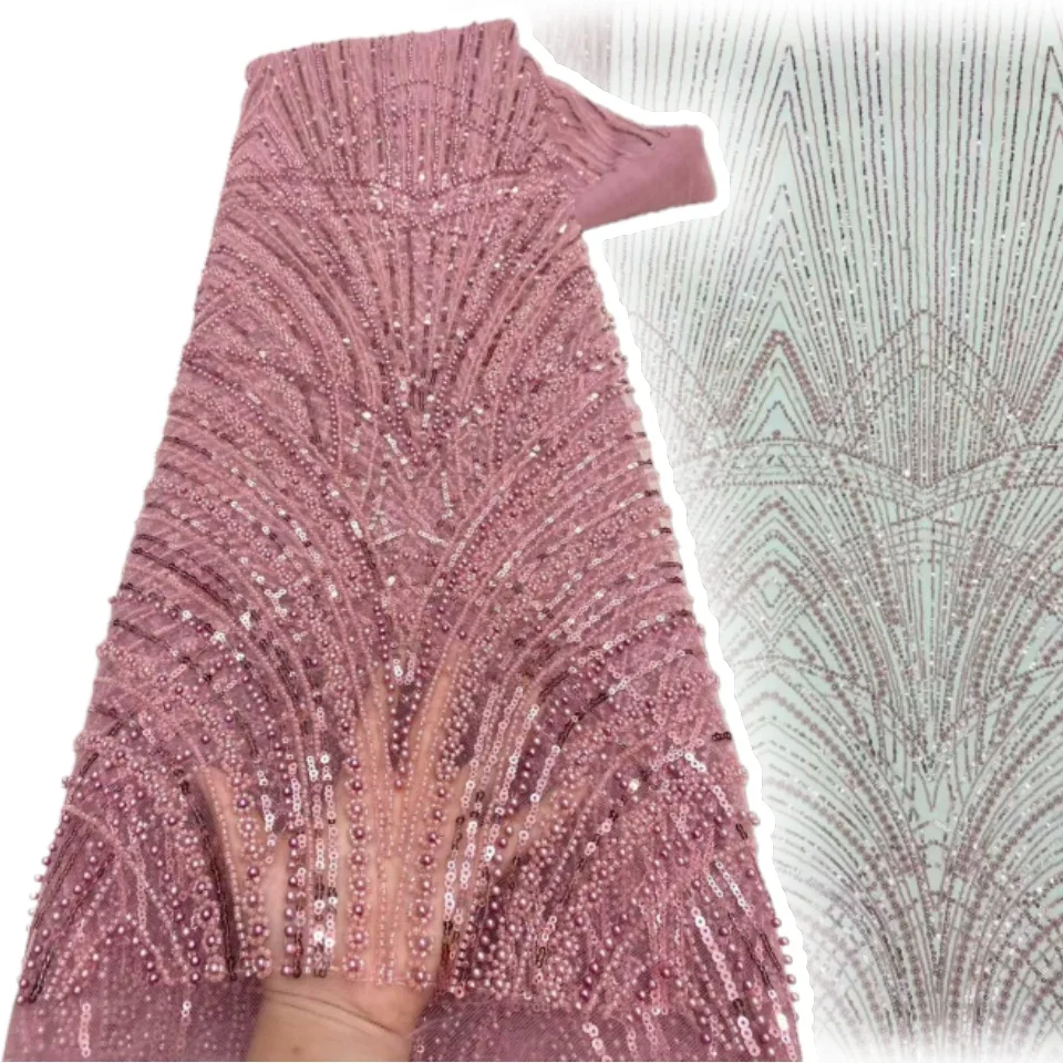 

Brown African Sequin Groom Lace Fabric 2026 High-Quality French Nigerian Bead Lace Fabric Suitable for Wedding Dress Sewing 1955