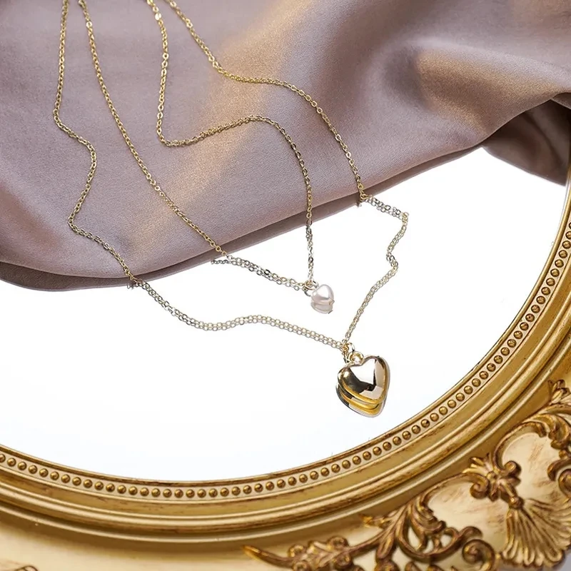 

S925 Sterling Silver Double-layer Necklace Sweet Gold Heart-Shaped Clavicle Chain for Women Pendant Jewelry Gifts