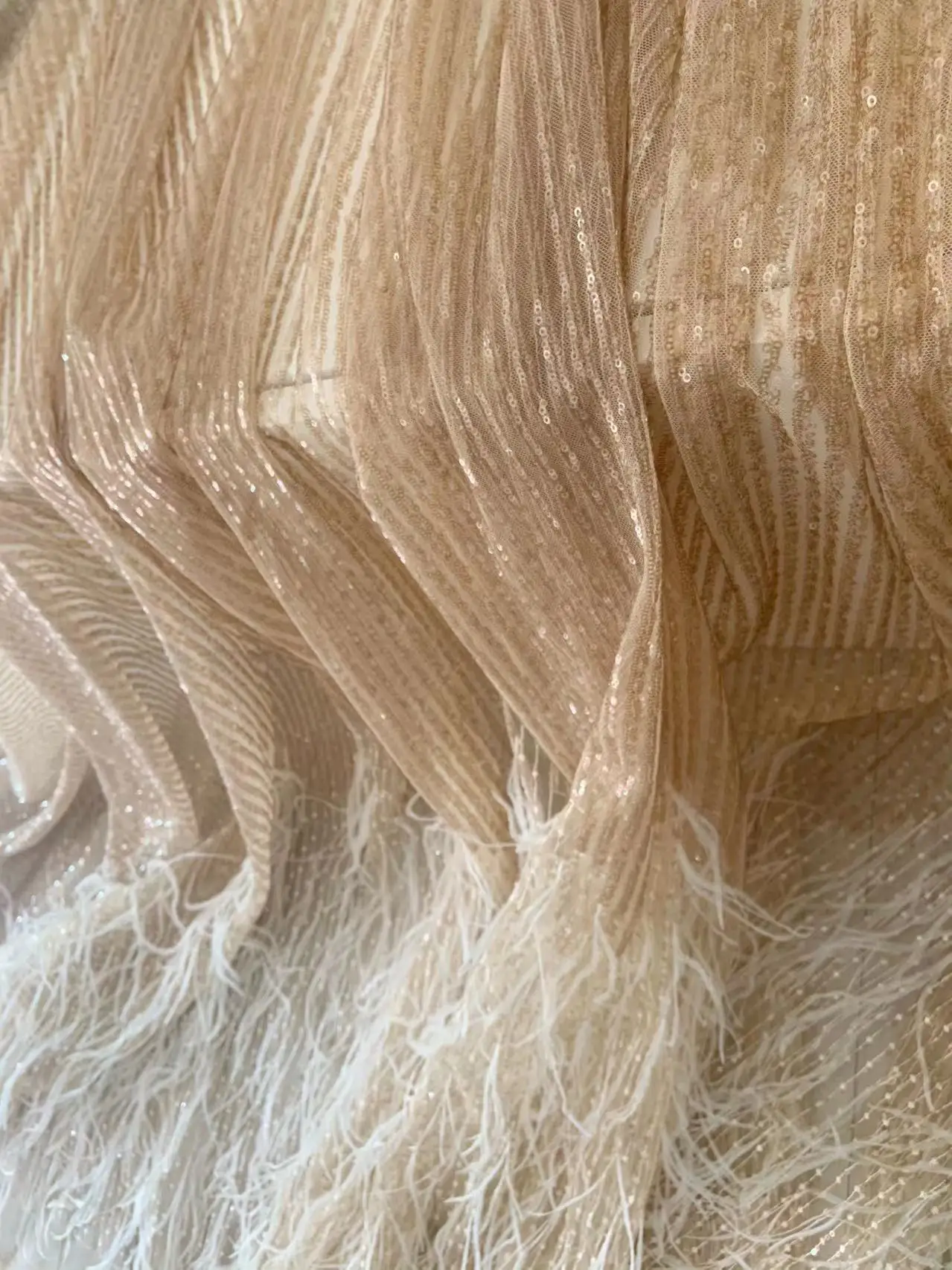 Deluxe1 Yard Rose Gold Plumes Fringe Tulle Lace Fabric with Sparkling Sequined Mest for Bridal Decor,Couture Dress Accessories