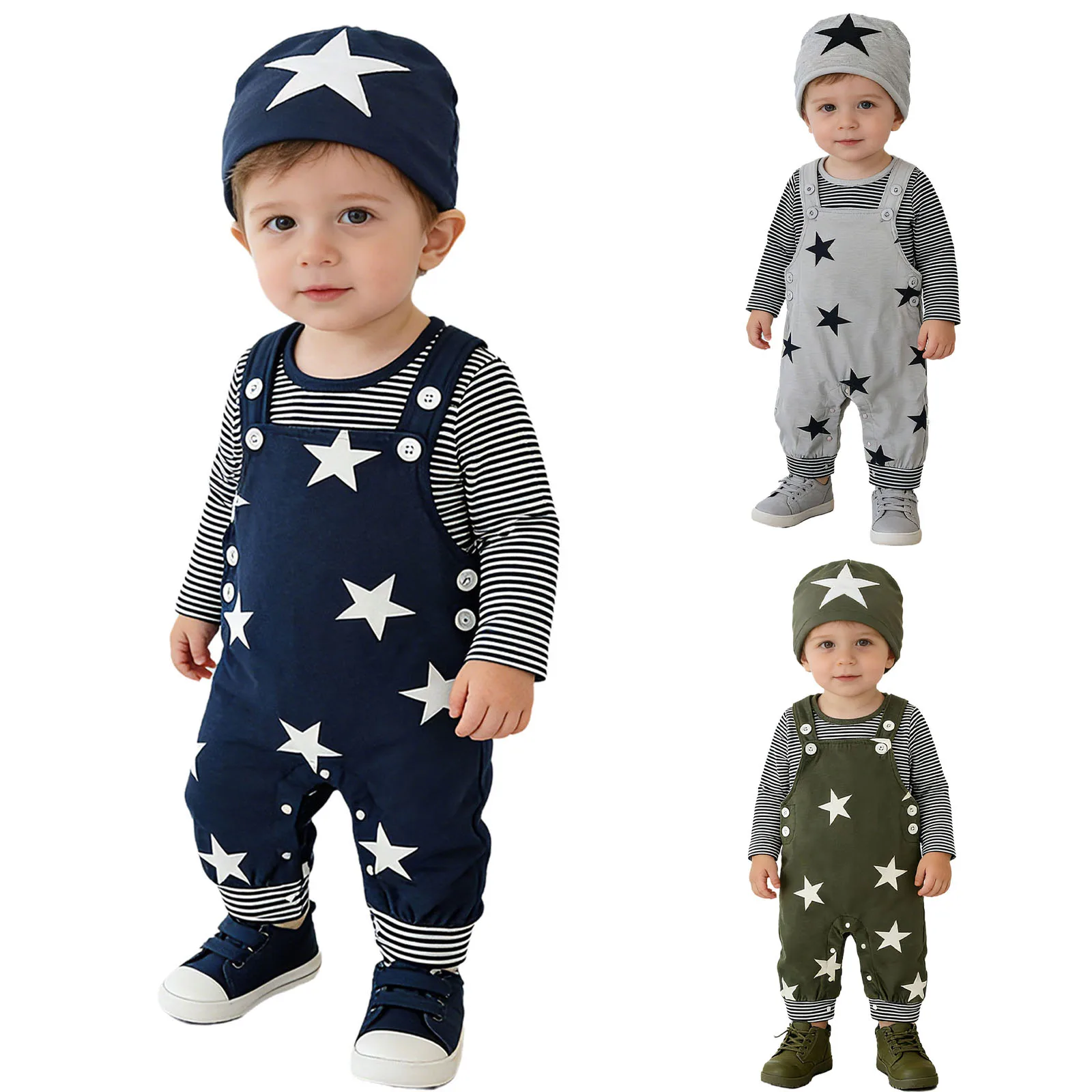 

Комплекты одежды для маленьких мальчиков: полосатая футболка с длинными рукавами + комбинезон с принтом звезд + шапочка, наряды для фотосессии новорожденных детей 0-24 месяцев