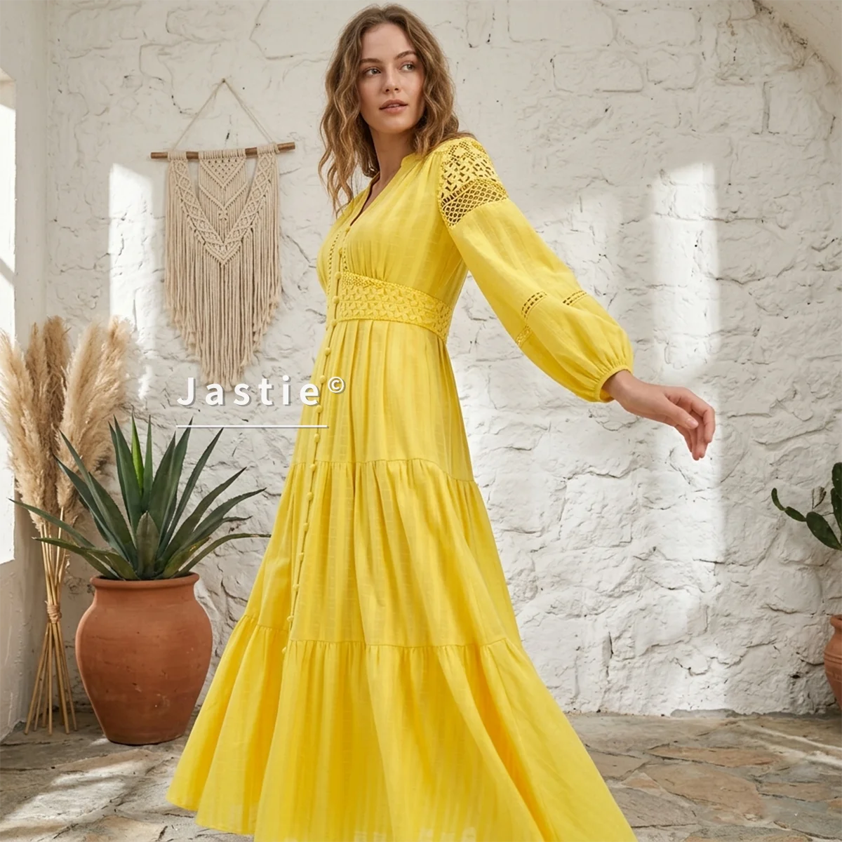 Jastie Embroidered Women Maxi Dress V-Neck Long Sleeve Casual Spring Summer Dresses Hollow Waist Boho Beach Vestidos
