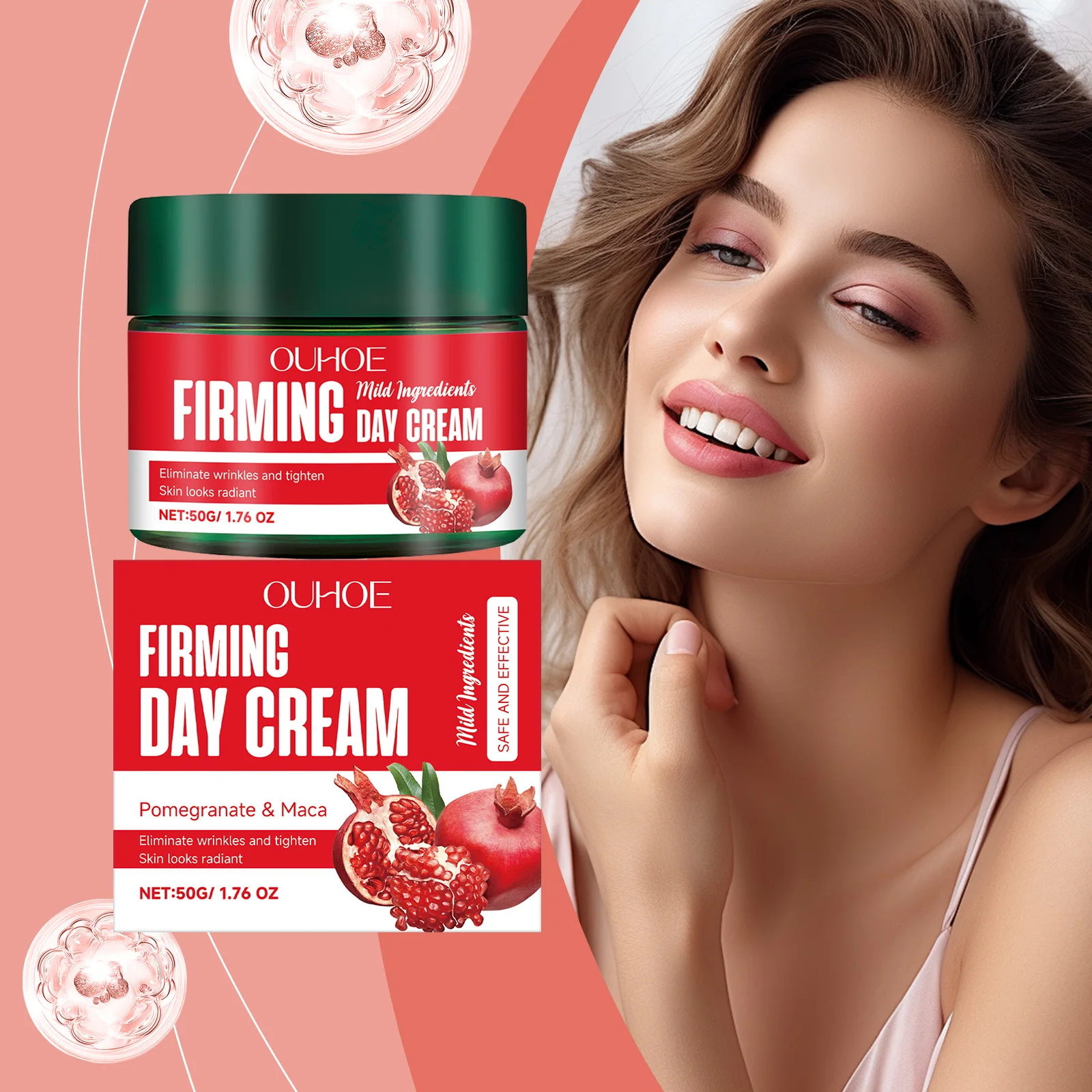 OUHOE Crema Hidratante, Extracto de Granada, Extracto de Raíz de Maca, Vitamina E (Tocopherol), para la Cara, Reduce las Líneas Finas, Ilumina