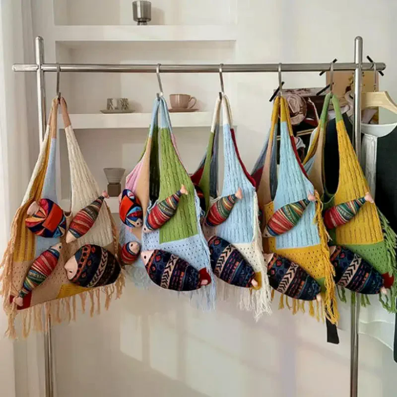 Bohemian Crochet Shoulder Tote Bag Fish Pendant Decor Stretchable Soft for Student Daily Use Vacation Shopping