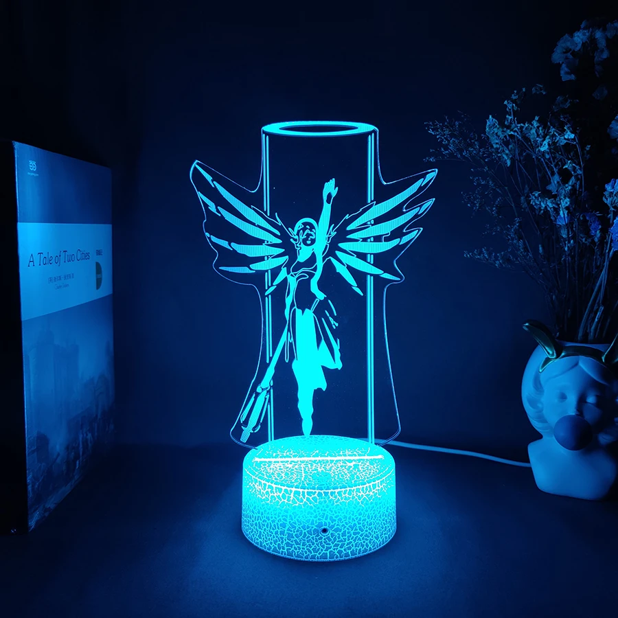 Lámpara 3D LED Anime Overwatch Mercy, lámpara de noche acrílica bonita, regalo, decoración de escritorio para habitación