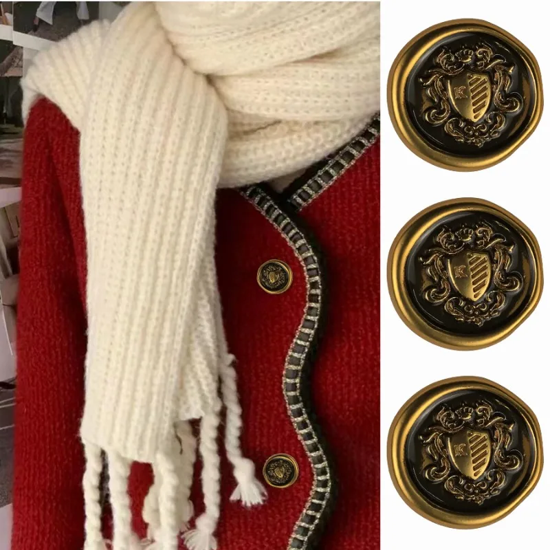 5 Pcs Vintage College Style Shield Pattern Metal Buttons Fashion Wool Coat Suit Uniform Sweater Dress Round Decorative Buttons