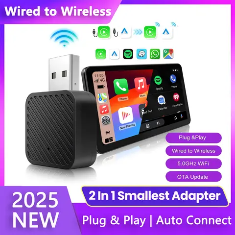 2025 2IN1 Wireless CarPlay Android Auto Adapter 5G WiFi BT5.0 Plug&Play for Factory Wired Car OTA Update Universal Compatibility