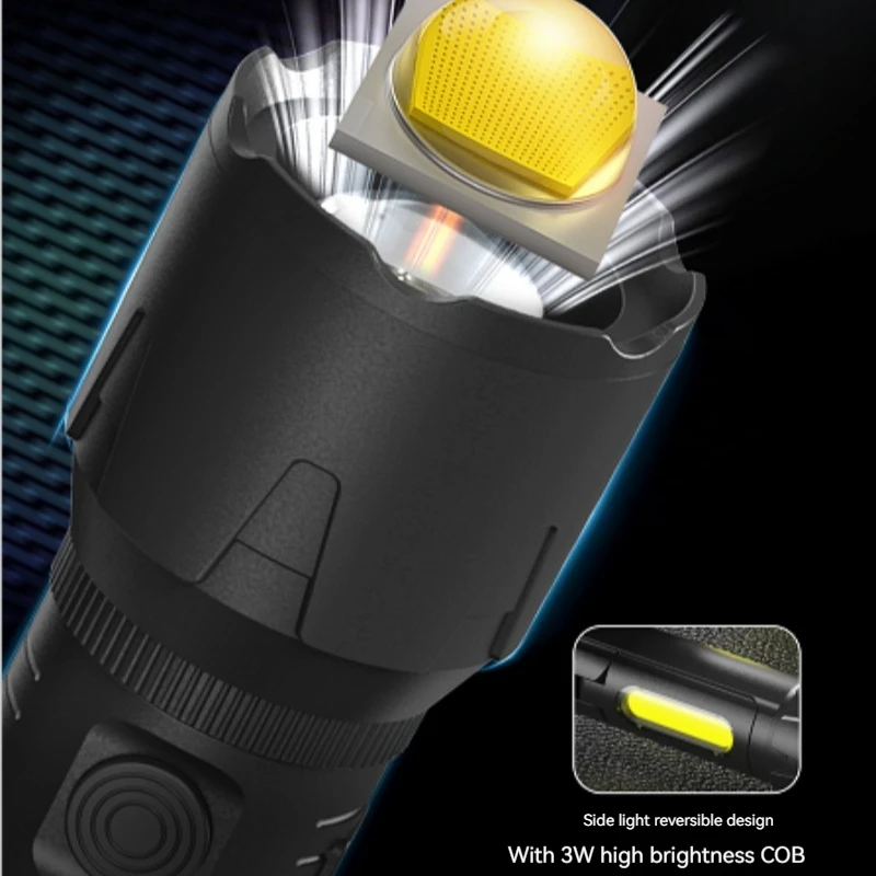 USB wiederaufladbare LED-Taschenlampe, zoombare EDC-Taschenlampe mit COB-Seitenarbeitslicht, wasserdichte Laterne, Notlicht für den Außenbereich