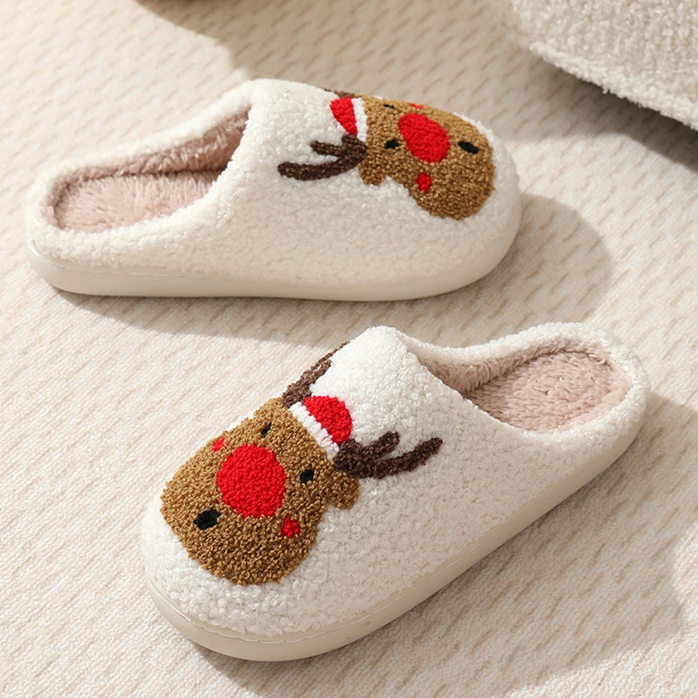 女性のためのふわふわのスリッパ、クリスマスの鹿のスリッパ、かわいい家の冬