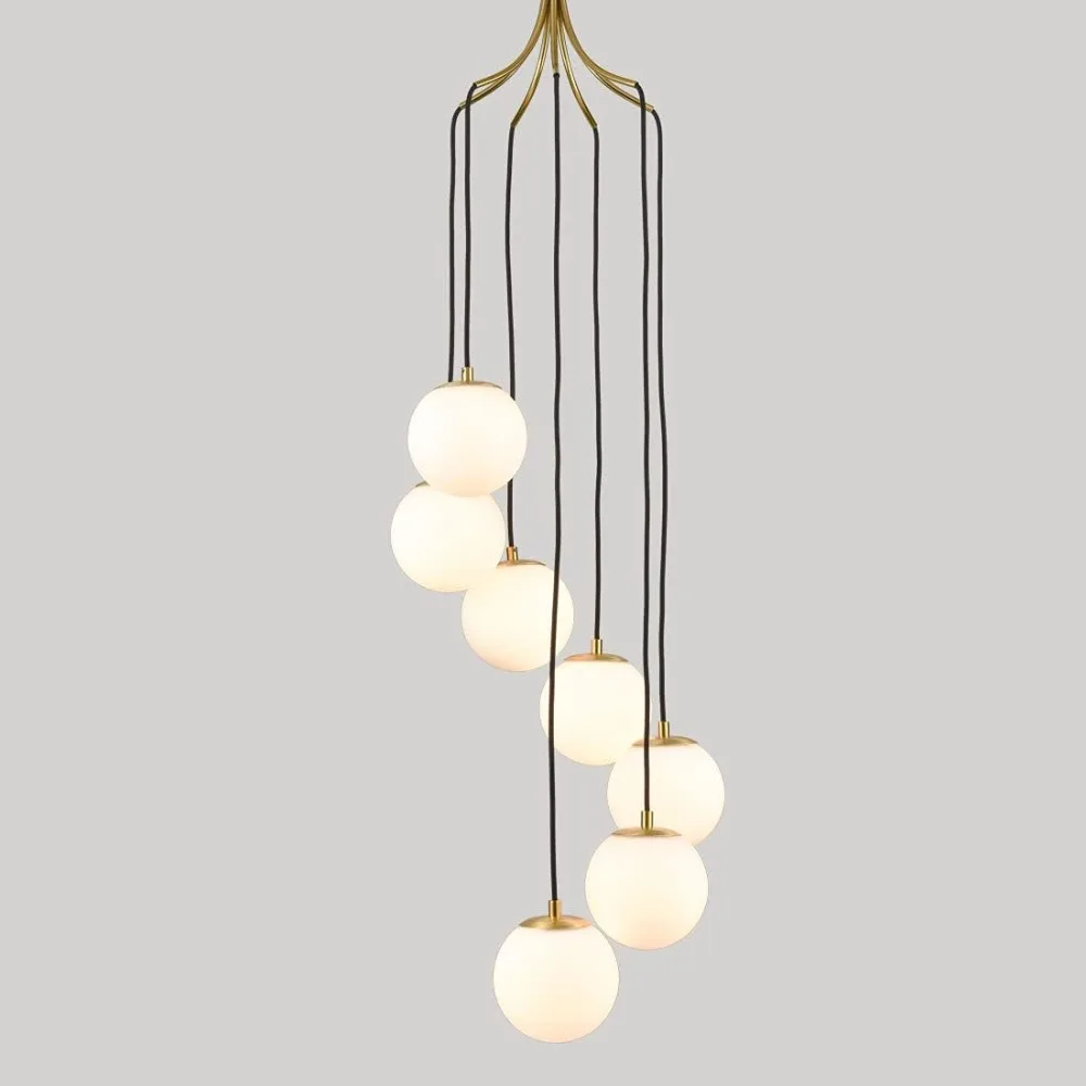 

XMSJ Modern Globe Pendant Light Brass Chandeliers Hanging Lighting for Dinning Room, White Opal Glass Shade 7-Light