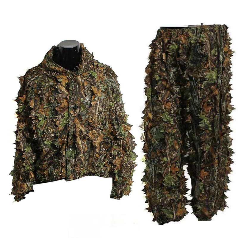 

Military Tactical Shooting Ghillie Jungle Leaf Suits Shirt + Pants Outdoor Hunting Clothes with Hooded Hunting Blind Clothes