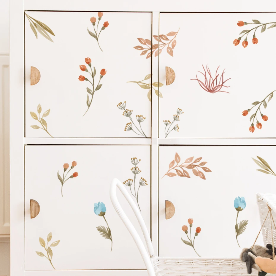 Pegatina de vinilo con diseño de hojas y hierbas para pared, adhesivo extraíble de estilo bohemio, con diseño de flores de campo, acuarela, para