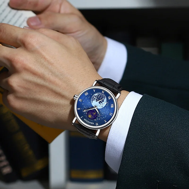Stainless Steel Blue Planet Starry Sky Moonphase Luminous Waterproof Precision Leather Strap Self-Wind Automatic Watch for Men