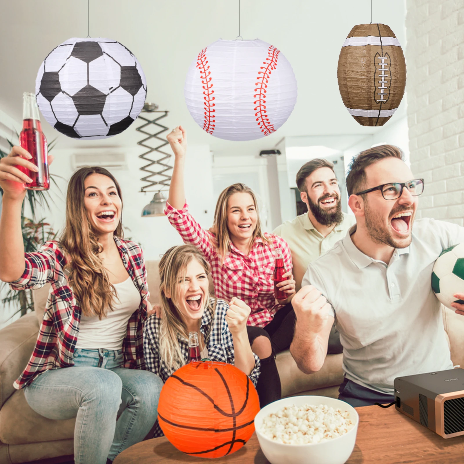 

4pcs Sports Theme Paper Lanterns Baseball Shaped Decorative Birthday Bridal Party Hanging Lights Durable Iron Frame for Garden