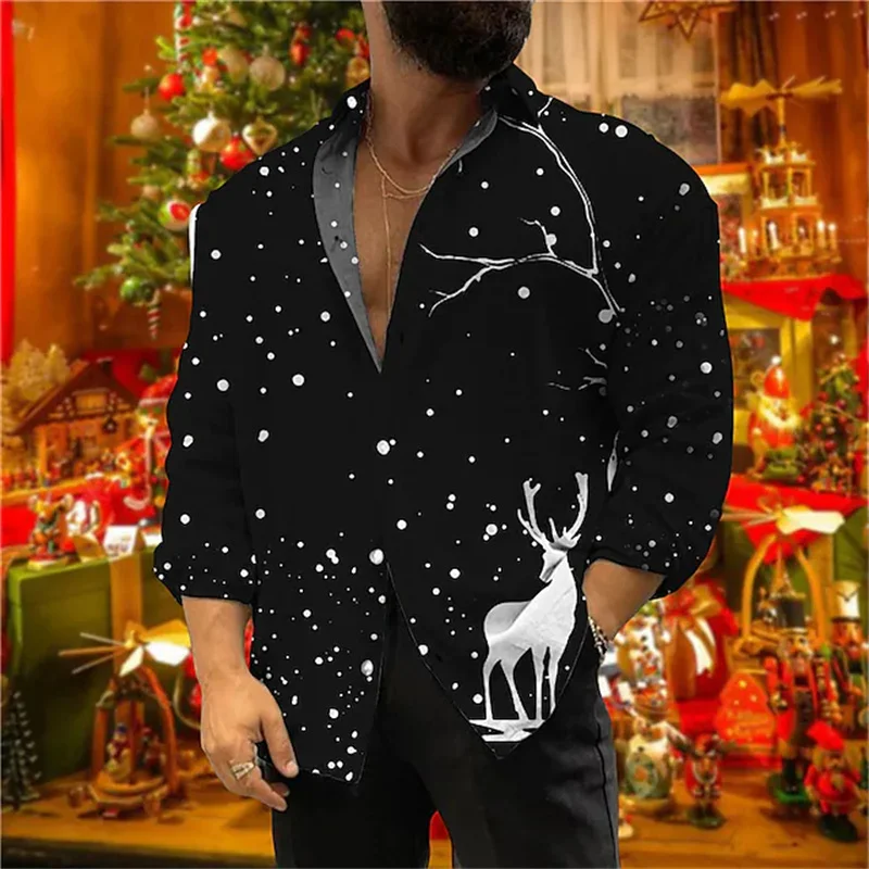 New Men\'s Shirt Party Style Christmas Deer 3D Printed Shirt Long Sleeve Button Lapel Top Men New Year Christmas Shirt S-6XL