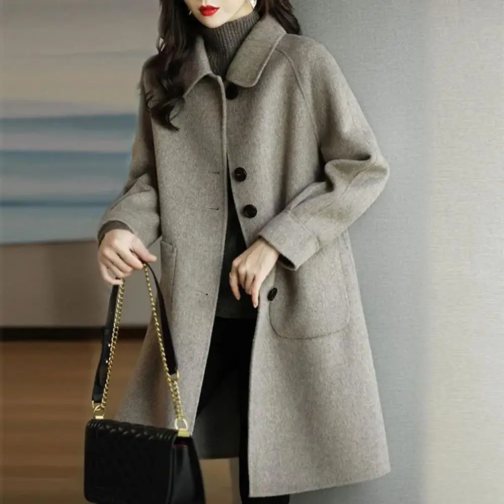 

Elegant Lady Coat Women Autumn Winter Woolen Coat Lapel Long Sleeve Single Breasted Loose Fit Thickened Overcoat Streetwear