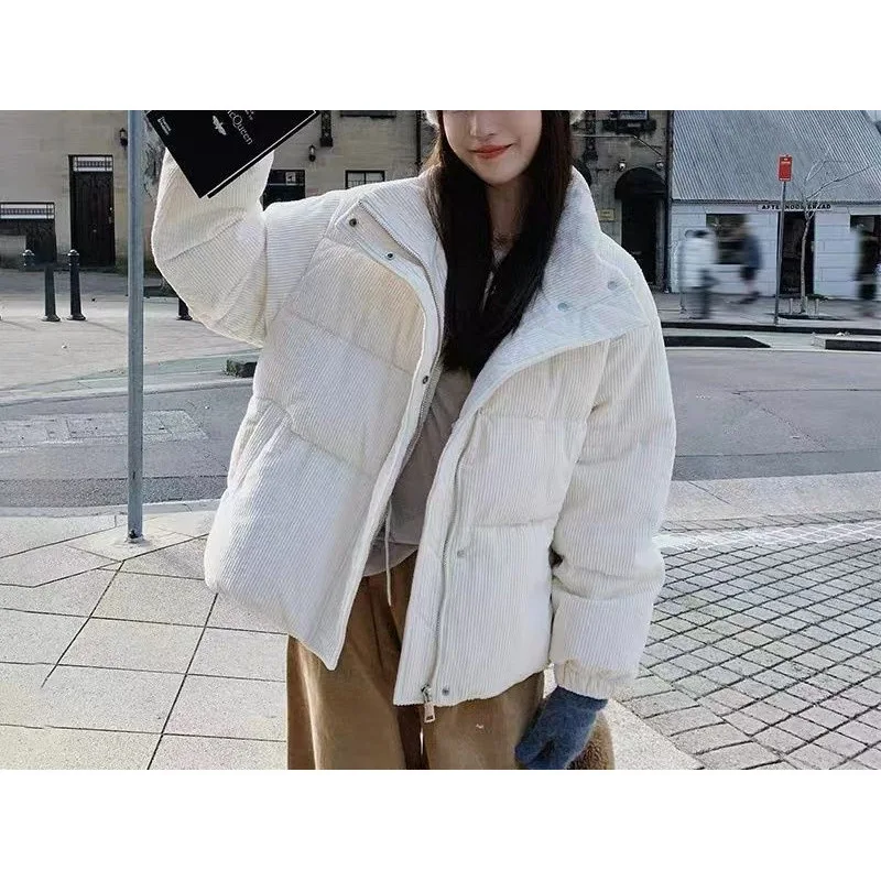 2025 Winter New Corduroy Cotton Jacket Women's Korean Coat Small, Thickened Breadman College Style Coat Solid Color Casual Versa