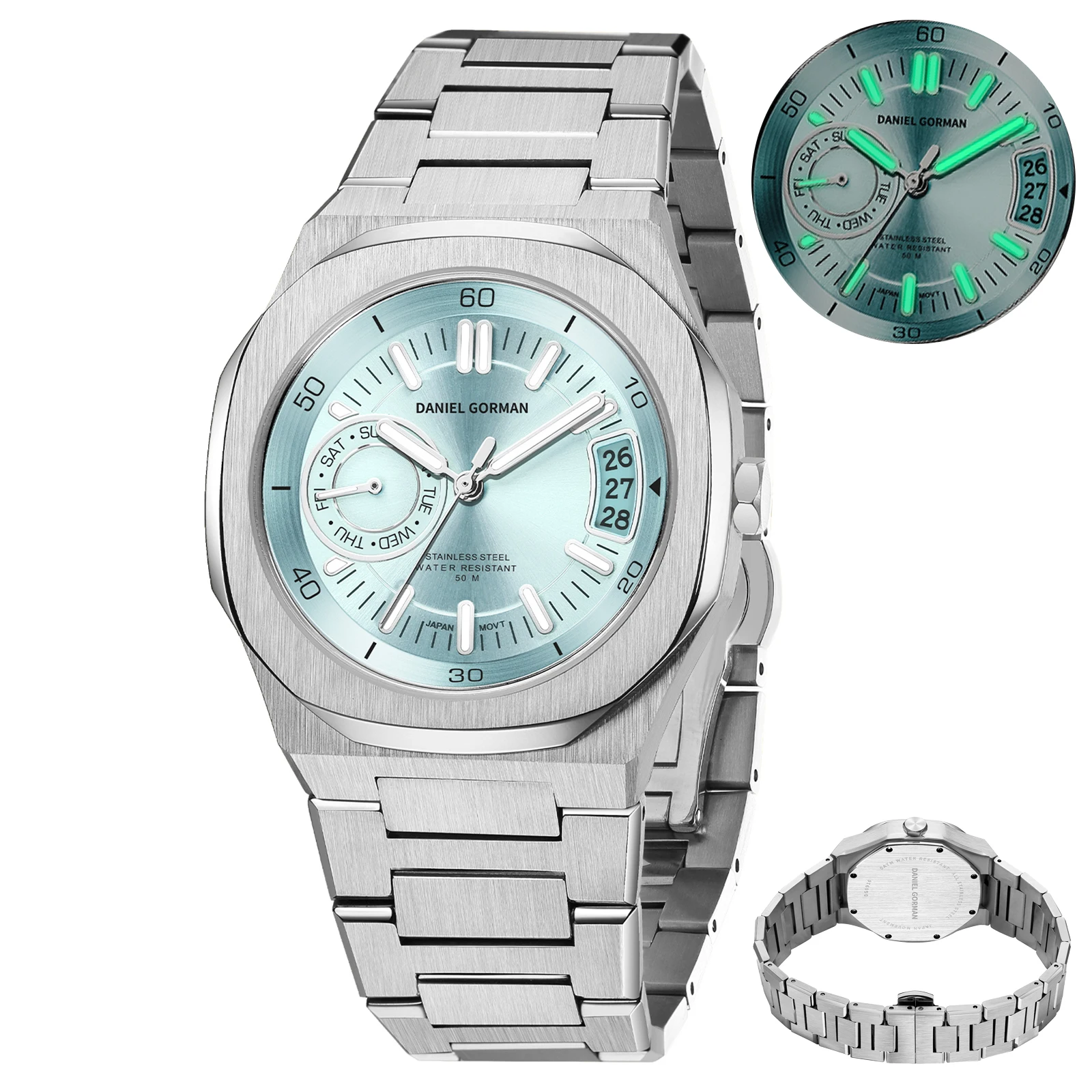 

DG Luxury Men Quartz Watch Ice Blue Steel 3D Dial Sapphire Crystal Day Date Lume 50M Waterproof Japan JP27 Business Wristwatch